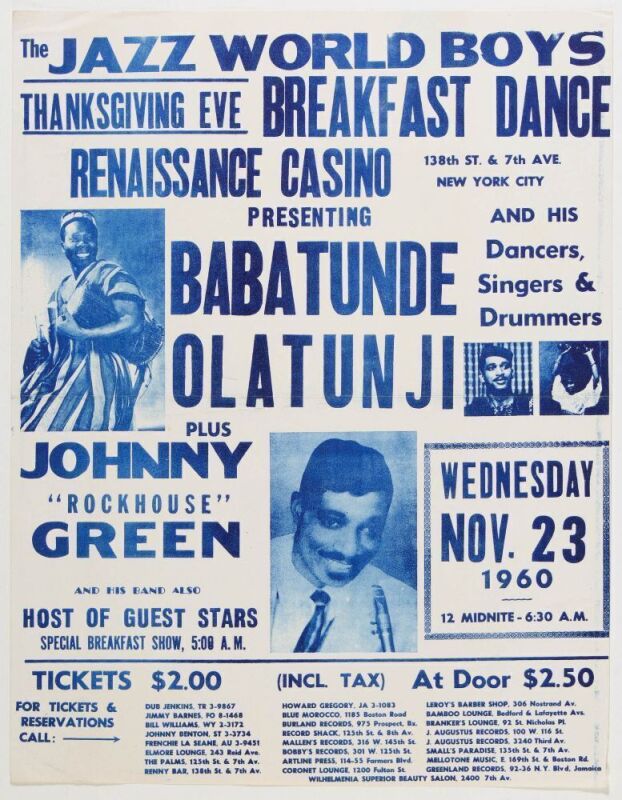 1960 Babatunde Olatunji Johnny Green The Renaissance Casino New York Flyer Extra Fine 69