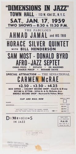 1959 Carmen McRae The Ahmad Jamal Trio Dimensions In Jazz Town Hall New York Ticket Order Form Mailer Extra Fine 65