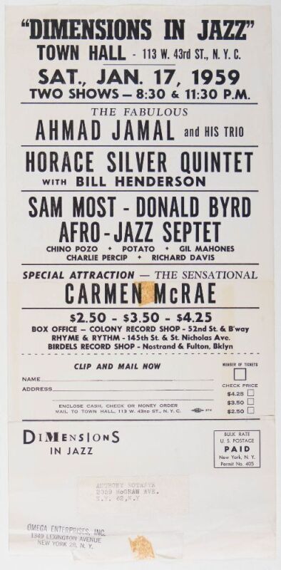 1959 Carmen McRae The Ahmad Jamal Trio Dimensions In Jazz Town Hall New York Ticket Order Form Mailer Extra Fine 65
