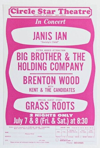 1967 Big Brother & The Holding Company The Circle Star Theatre Ticket Order Form Handbill Mint 90