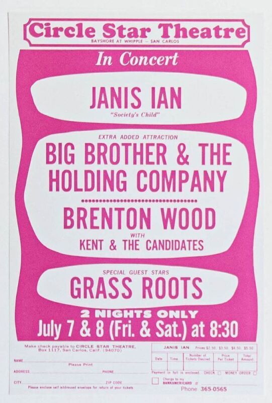 1967 Big Brother & The Holding Company The Circle Star Theatre Ticket Order Form Handbill Mint 90