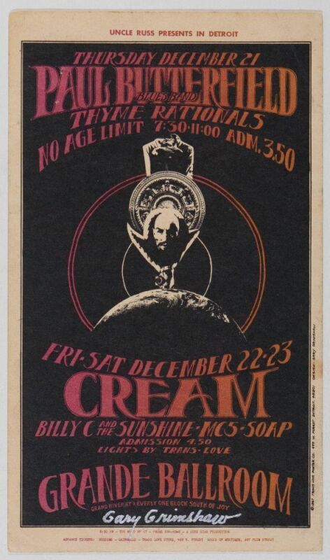 1967 G/G-671221 Cream Paul Butterfield MC5 Grande Ballroom Detroit Signed Grimshaw Postcard Excellent 71