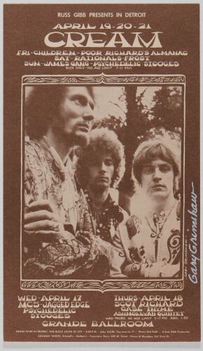 1968 G/G-680417 Cream MC5 Psychedelic Stooges Grande Ballroom Detroit Signed Grimshaw Postcard Excellent 73