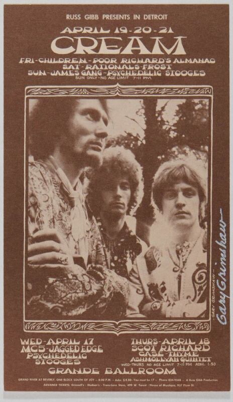 1968 G/G-680417 Cream MC5 Psychedelic Stooges Grande Ballroom Detroit Signed Grimshaw Postcard Excellent 73