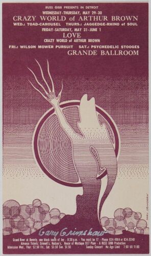 1968 G/G-680529 Arthur Brown Stooges Grande Ballroom Signed Grimshaw Postcard Near Mint 89