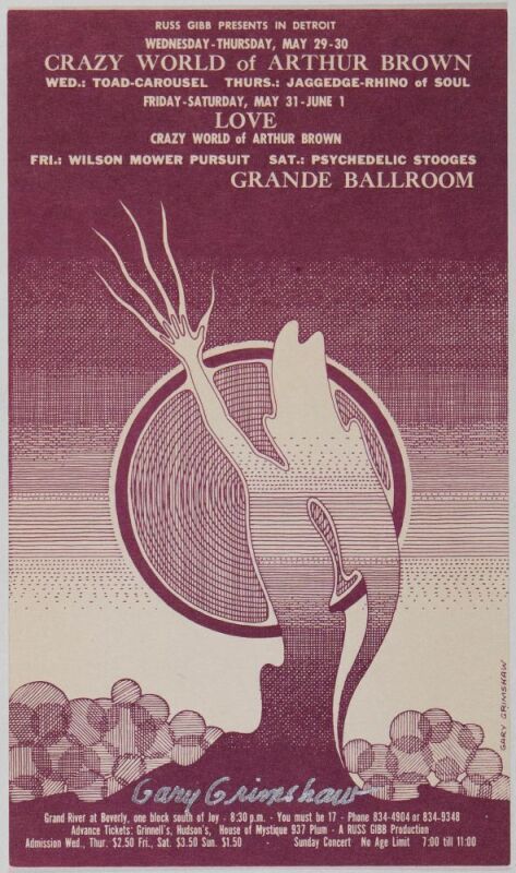 1968 G/G-680529 Arthur Brown Stooges Grande Ballroom Signed Grimshaw Postcard Near Mint 89
