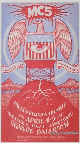 1969 G/G-690404 MC5 James Gang Wicked Religion Grande Ballroom Detroit Signed Grimshaw Postcard Near Mint 87