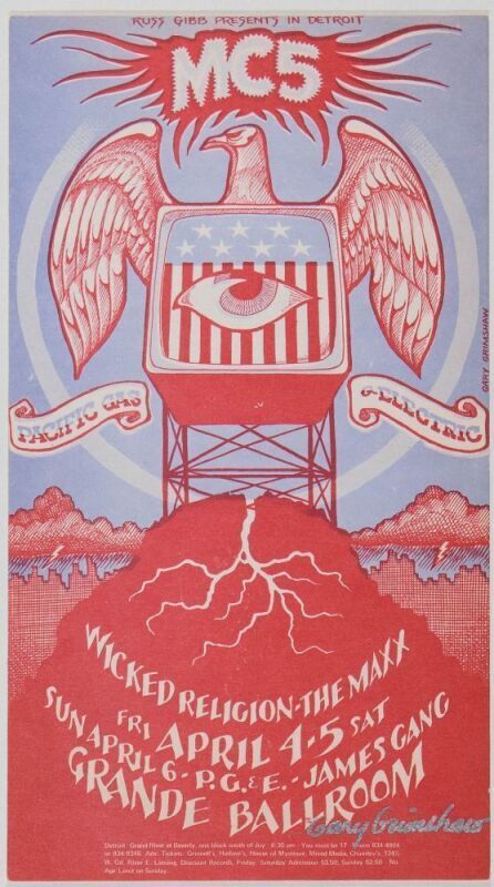 1969 G/G-690404 MC5 James Gang Wicked Religion Grande Ballroom Detroit Signed Grimshaw Postcard Near Mint 87