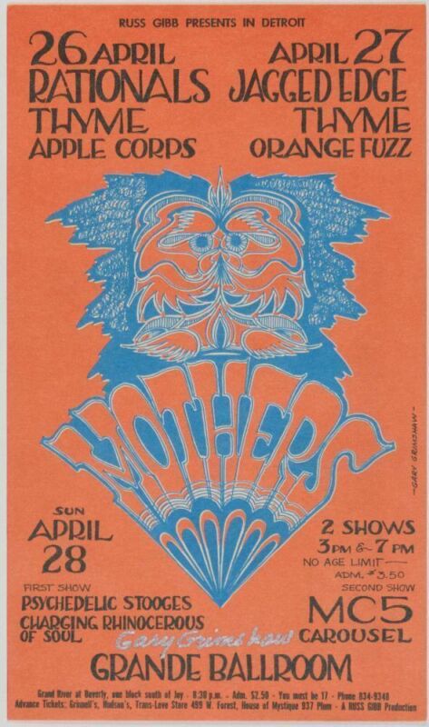 1968 G/G-680426 Frank Zappa Mothers of Invention The Stooges Grande Ballroom Postcard Signed Grimshaw Near Mint 85