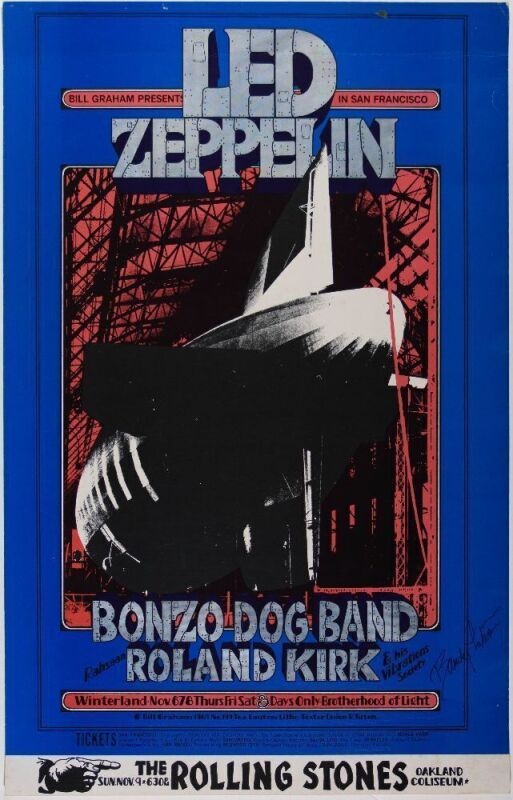 1969 BG-199 Led Zeppelin Rolling Stones Winterland & Oakland Coliseum Signed Tuten Poster Extra Fine 67