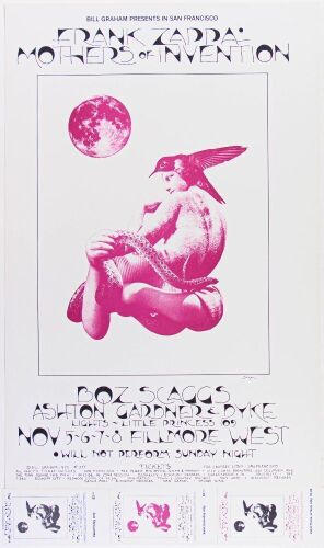 1970 BG-255 Frank Zappa & Mothers of Invention Boz Scaggs Fillmore West Poster & Tickets Near Mint 89