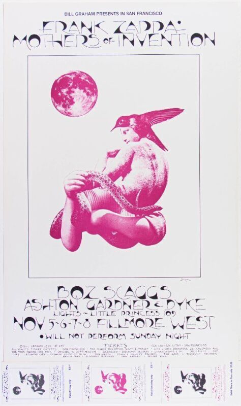 1970 BG-255 Frank Zappa & Mothers of Invention Boz Scaggs Fillmore West Poster & Tickets Near Mint 89