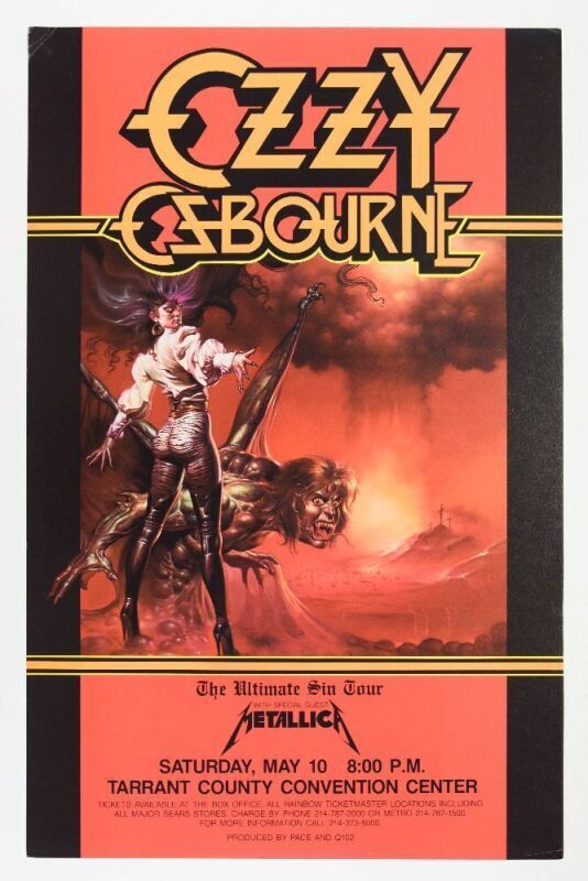 1986 Ozzy Osbourne Metallica Tarrant County Convention Center Fort Worth Poster Excellent 70