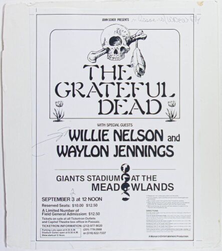 1978 Grateful Dead Willie Nelson Giants Stadium Meadowlands East Rutherford Test Proof Poster MOUNTED
