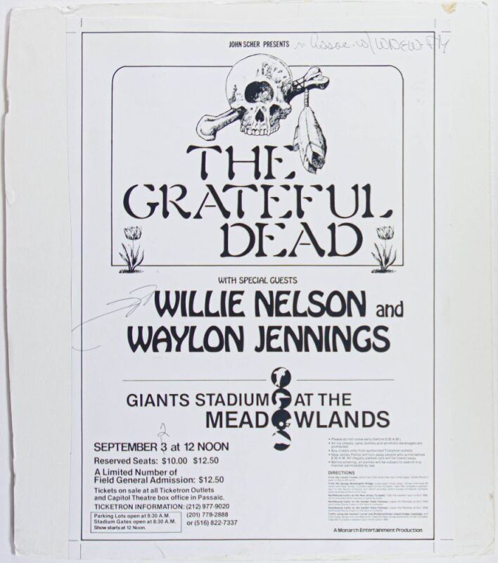 1978 Grateful Dead Willie Nelson Giants Stadium Meadowlands East Rutherford Test Proof Poster MOUNTED