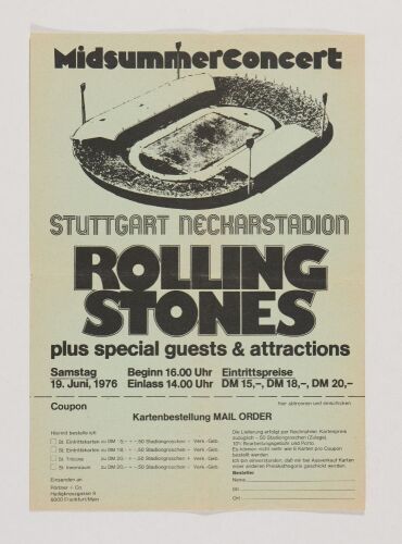1976 Rolling Stones Little Feat Neckarstadion Stuttgart Germany Ticket Order Form Handbill Extra Fine 69