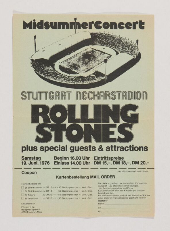 1976 Rolling Stones Little Feat Neckarstadion Stuttgart Germany Ticket Order Form Handbill Extra Fine 69