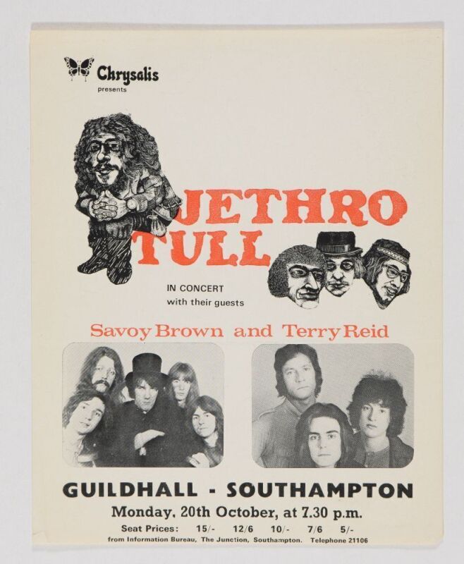 1969 Jethro Tull Savoy Brown Terry Reid Guildhall Southampton Handbill Extra Fine 69