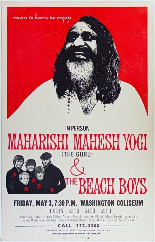 1968 Beach Boys Maharishi Mahesh Yogi The Washington Coliseum Cardboard Poster Extra Fine 69 Restored
