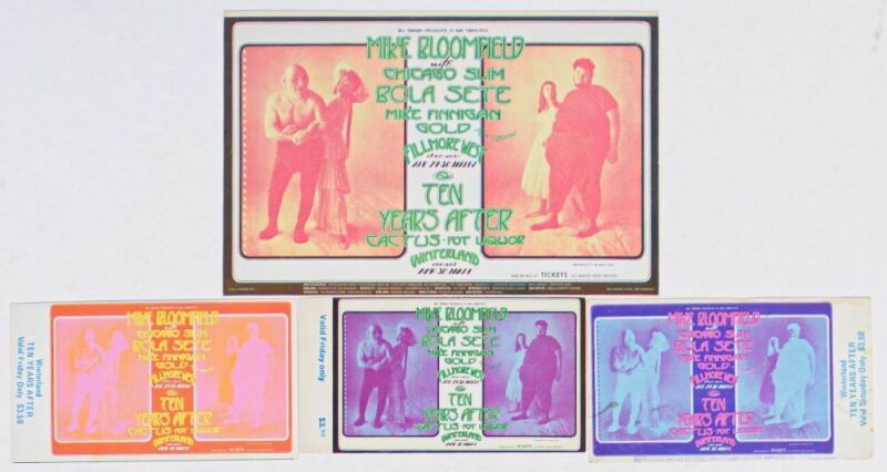 1971 BG-278 Mike Bloomfield Fillmore West & Winterland Postcard & Set of 3 Tickets