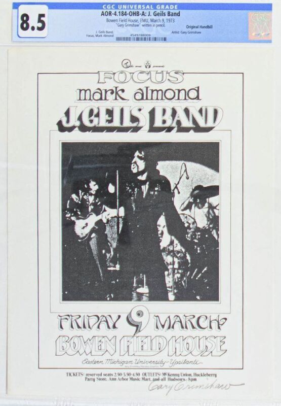 1973 AOR-4.184 J.Geils Band Focus Bowen Field House Eastern Michigan University Signed Grimshaw Handbill CGC 8.5