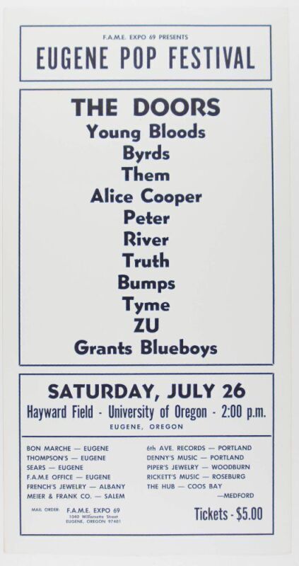 1969 The Doors Alice Cooper Eugene Pop Festival University of Oregon Poster Excellent 79