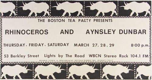 1968 Rhinoceros Aynsley Dunbar Boston Tea Party Poster Excellent 75