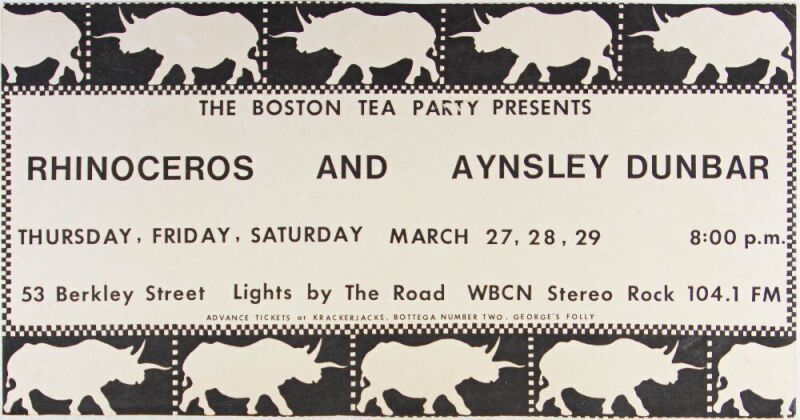 1968 Rhinoceros Aynsley Dunbar Boston Tea Party Poster Excellent 75