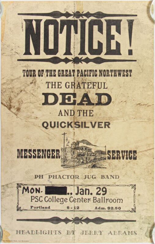 1968 AOR-3.104 Grateful Dead PSC College Center Ballroom Portland Notice Poster Fine 53