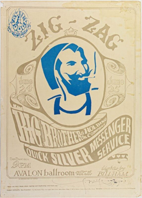 1966 FD-14 Big Brother Zig Zag Man Avalon Ballroom Signed & Doodled Mouse Pirate Printing Poster Fine 55