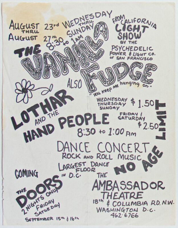1967 The Doors Vanilla Fudge Ambassador Theatre Washington DC Flyer Extra Fine 69