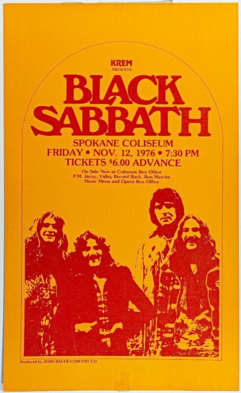 1976 Black Sabbath Spokane Coliseum Cardboard Poster Excellent 75