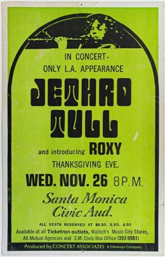 1969 Jethro Tull Santa Monica Civic Auditorium Cardboard Poster Extra Fine 65