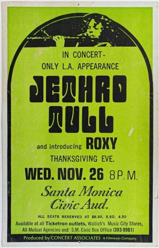 1969 Jethro Tull Santa Monica Civic Auditorium Cardboard Poster Extra Fine 65