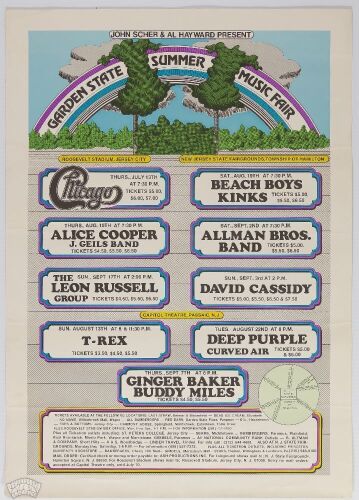 1972 Allman Brothers Band Beach Boys The Kinks Alice Cooper The Garden State Summer Calendar Poster Excellent 75