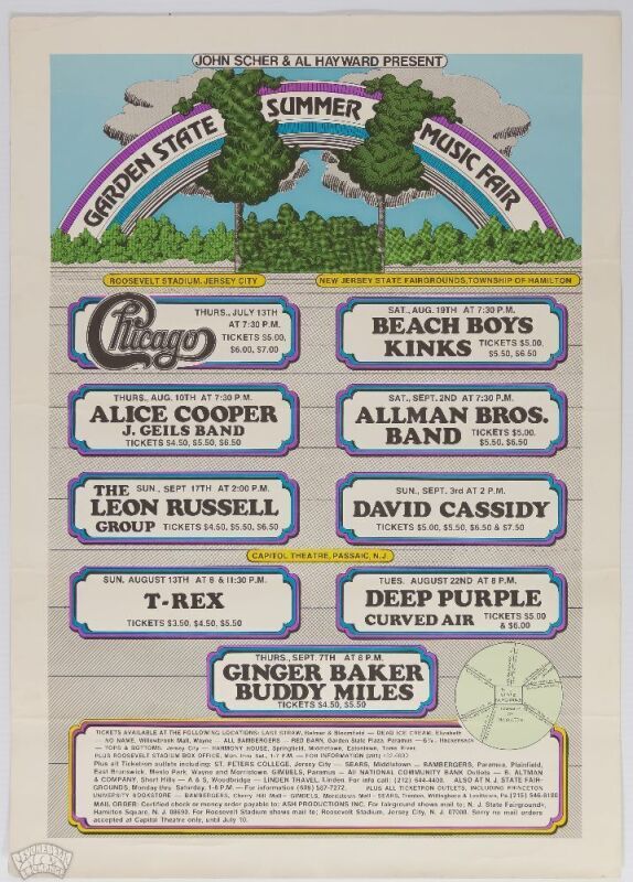 1972 Allman Brothers Band Beach Boys The Kinks Alice Cooper The Garden State Summer Calendar Poster Excellent 75