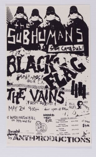 1980 Black Flag Subhumans The Vains Washington Hall Seattle Poster Mint 91