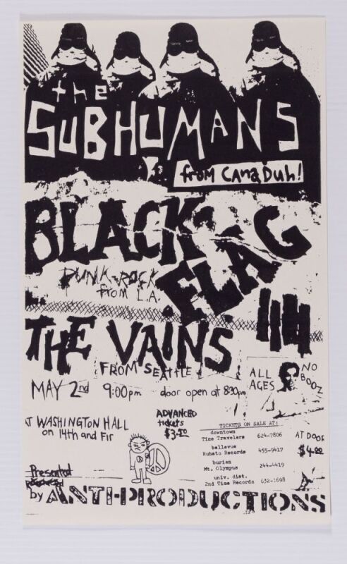 1980 Black Flag Subhumans The Vains Washington Hall Seattle Poster Mint 91