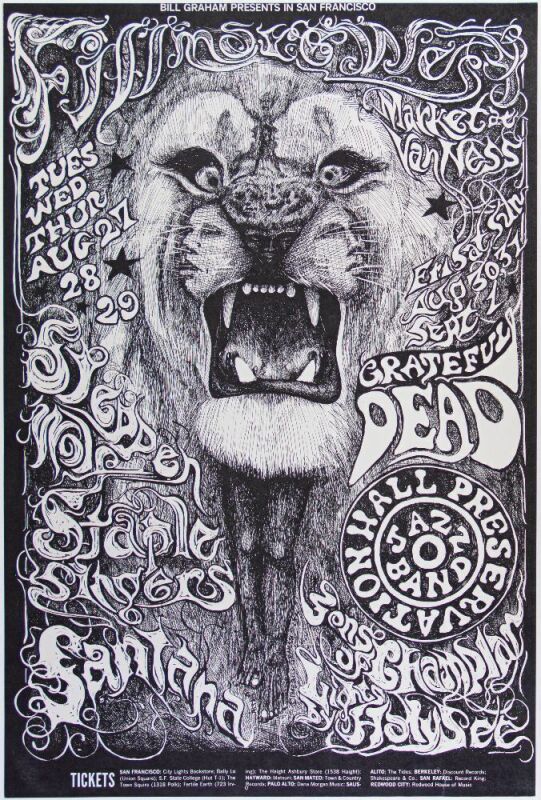 1968 BG-134 Grateful Dead Santana Steppenwolf Fillmore West Original Poster Excellent 79
