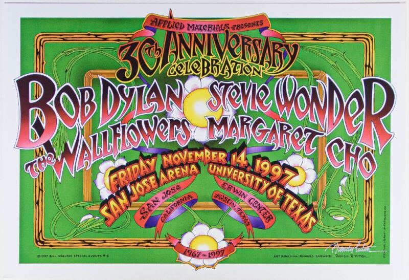 1997 BGSE-5 Bob Dylan Stevie Wonder San Jose Arena & Erwin Center Austin Signed Tuten Poster Mint 91
