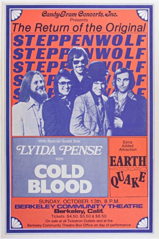 1974 Steppenwolf Cold Blood Berkeley Community Theatre Poster Near Mint 87