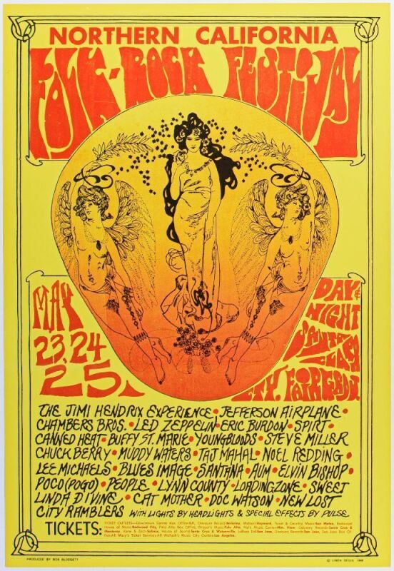 1968 Jimi Hendrix Jefferson Airplane Chuck Berry Northern California Folk Rock Festival Poster Mint 91