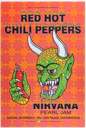 1991 BGP-51 Red Hot Chili Peppers Nirvana Pearl Jam NYE Cow Palace Poster Near Mint 89