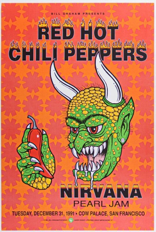 1991 BGP-51 Red Hot Chili Peppers Nirvana Pearl Jam NYE Cow Palace Poster Near Mint 89