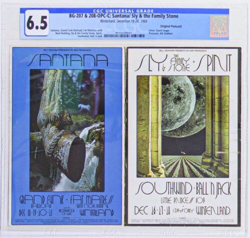 1969 BG-207 & 208 Santana Grand Funk Sly & The Family Stone Winterland Double Postcard CGC 6.5
