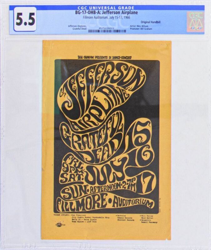 1966 BG-17 Grateful Dead Jefferson Airplane Fillmore Auditorium Handbill CGC 5.5