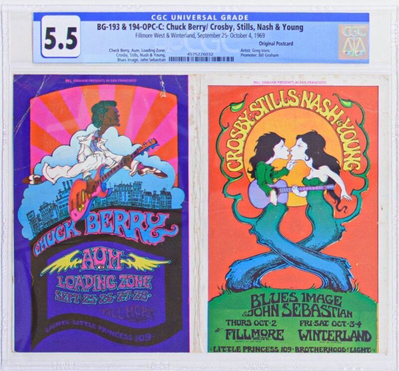 1969 BG-193 & 194 Chuck Berry CSNY Fillmore West Double Postcard CGC 5.5