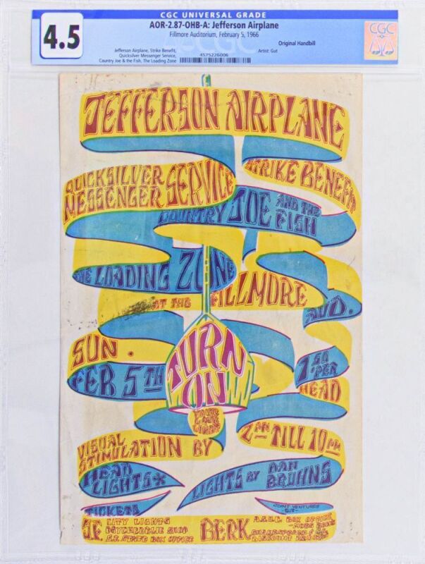 1966 AOR-2.87 Jefferson Airplane Turn On Strike Benefit Fillmore Handbill CGC 4.5
