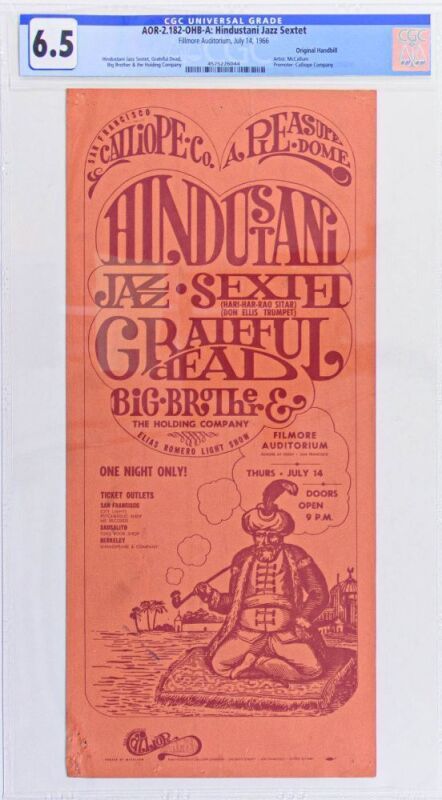 1966 AOR-2.182 Grateful Dead Big Brother Hindustani Jazz Sextet Fillmore Auditorium Handbill CGC 6.5