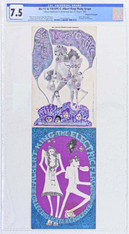 1968 BG-117 & 118 Albert King Electric Flag Moby Grape Fillmore & Winterland Double Postcard CGC 7.5